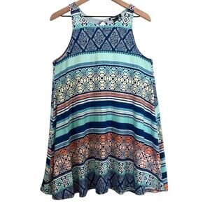 Planet Gold Blue Multicolor Geometric Stripes Mini Summer Tank Top Dress Medium